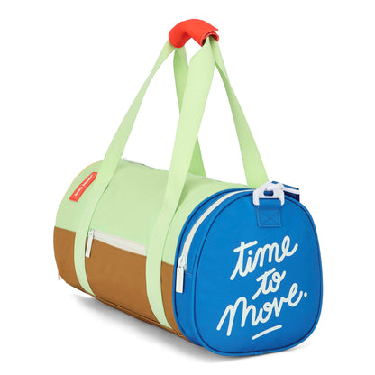 Sporttas kind groen bruin blauw witte opdruk Hello Hossy