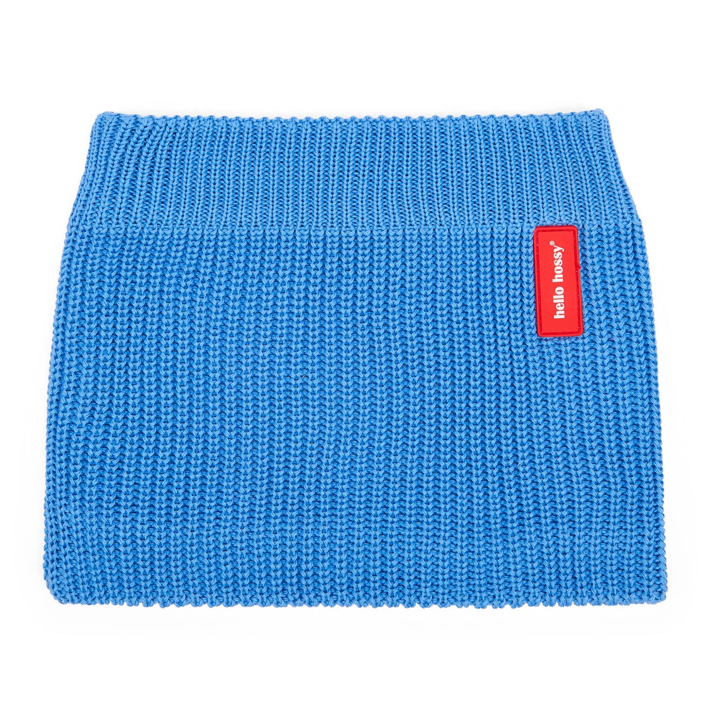 Snood kind gebreid blauw rood etiket Hello Hossy