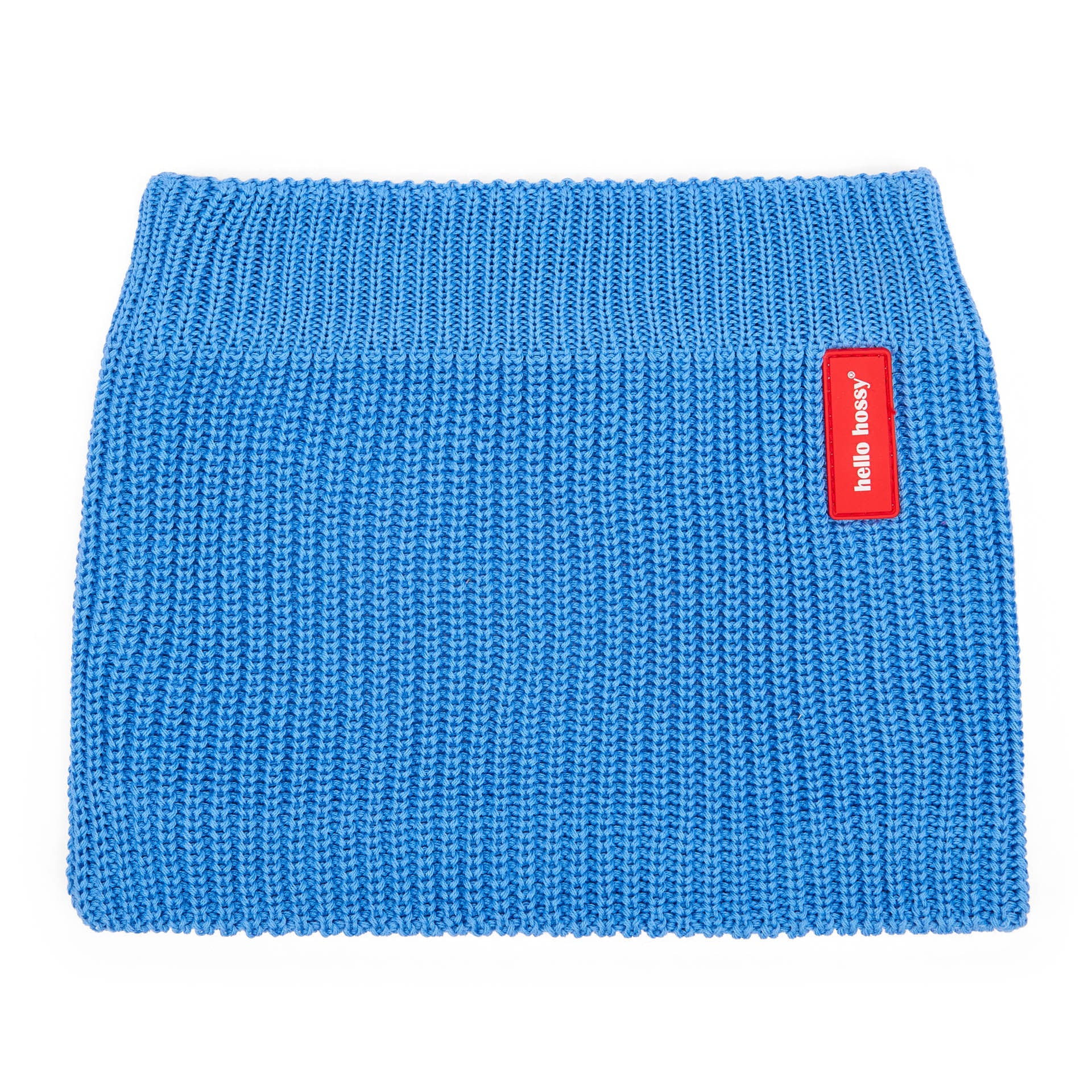 Snood kind gebreid blauw rood etiket Hello Hossy