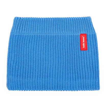 Snood kind gebreid blauw rood etiket Hello Hossy