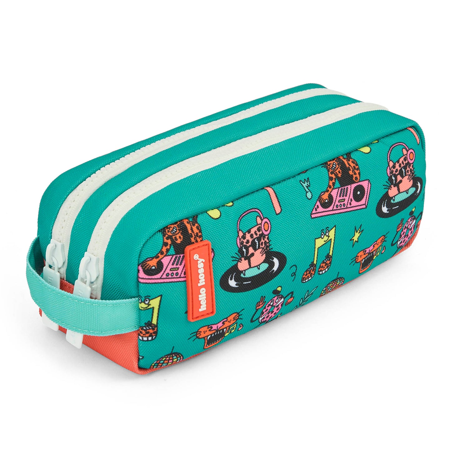 Trousse scolaire enfant vert corail motif animaux double compartiment Hello Hossy