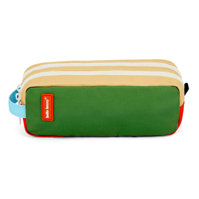 Schooletui kind groen beige gestreept twee compartimenten Hello Hossy