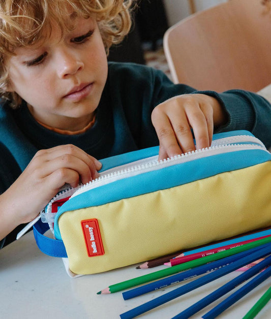 Schooletui kind blauw geel twee compartimenten Hello Hossy
