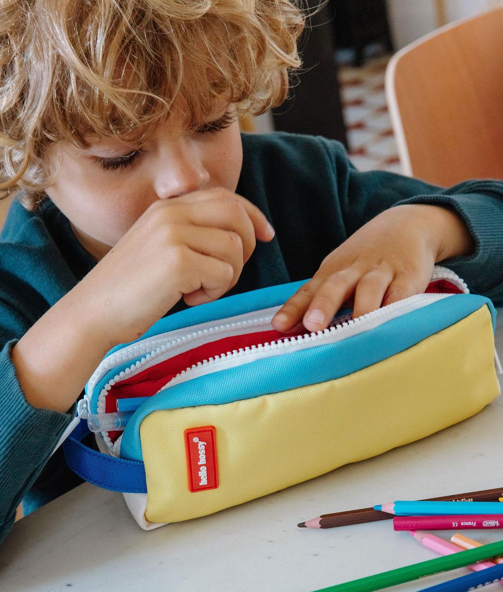 Trousse scolaire enfant bleu jaune double compartiment Hello Hossy