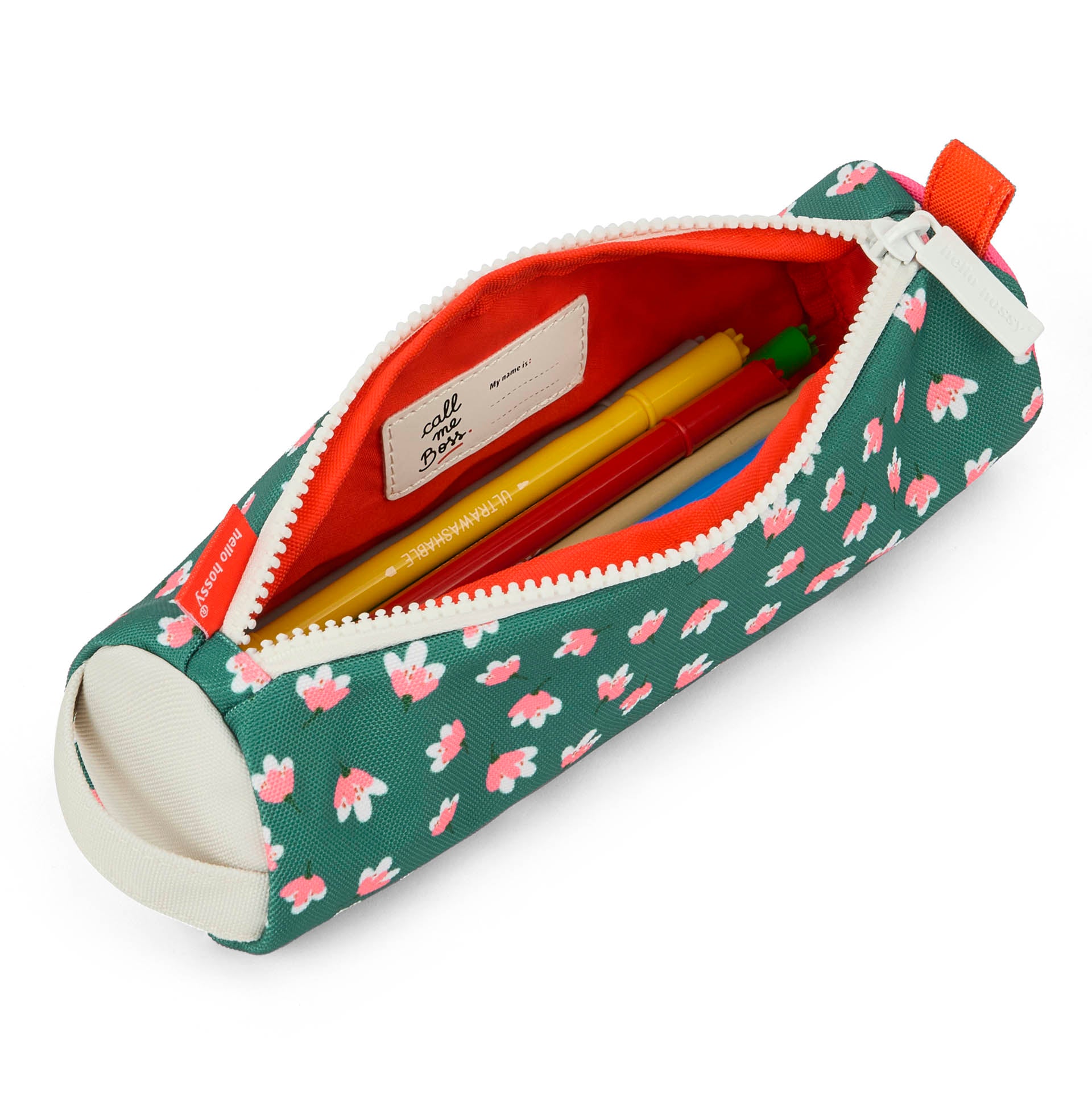 Schooletui kind groen prints bloemen oranje interieur Hello Hossy