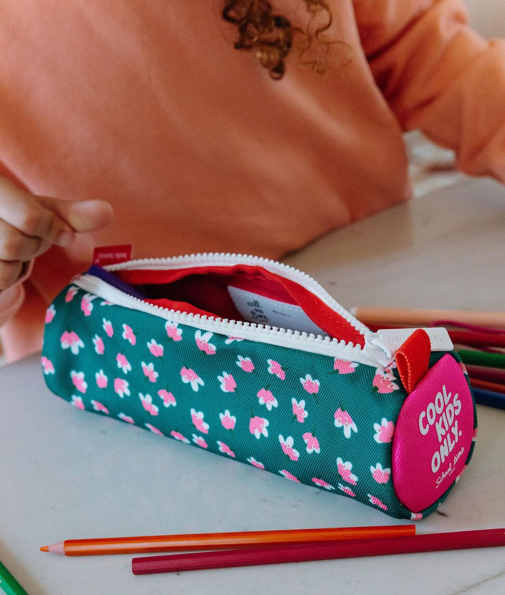 Schooletui kind groen prints bloemen roze ritssluiting Hello Hossy