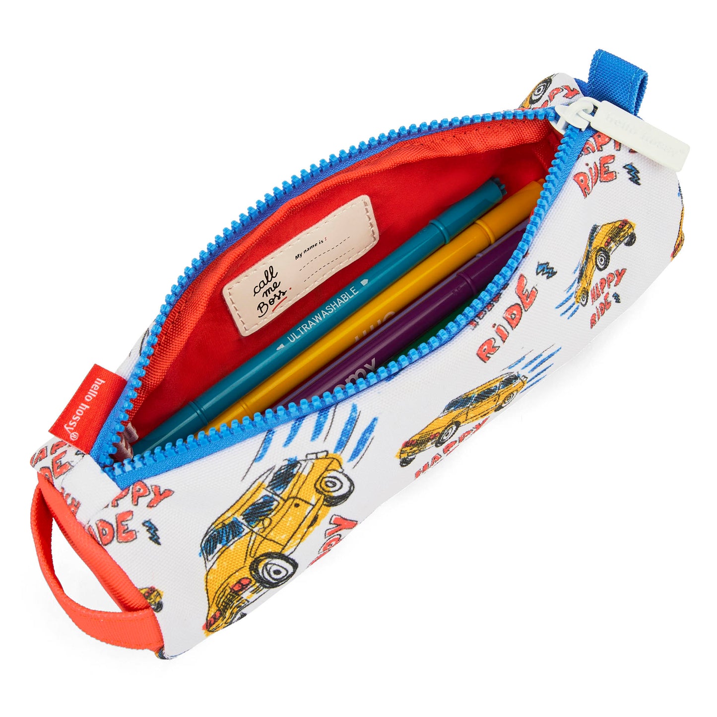 Schooletui kind wit prints auto oranje binnenkant Hello Hossy