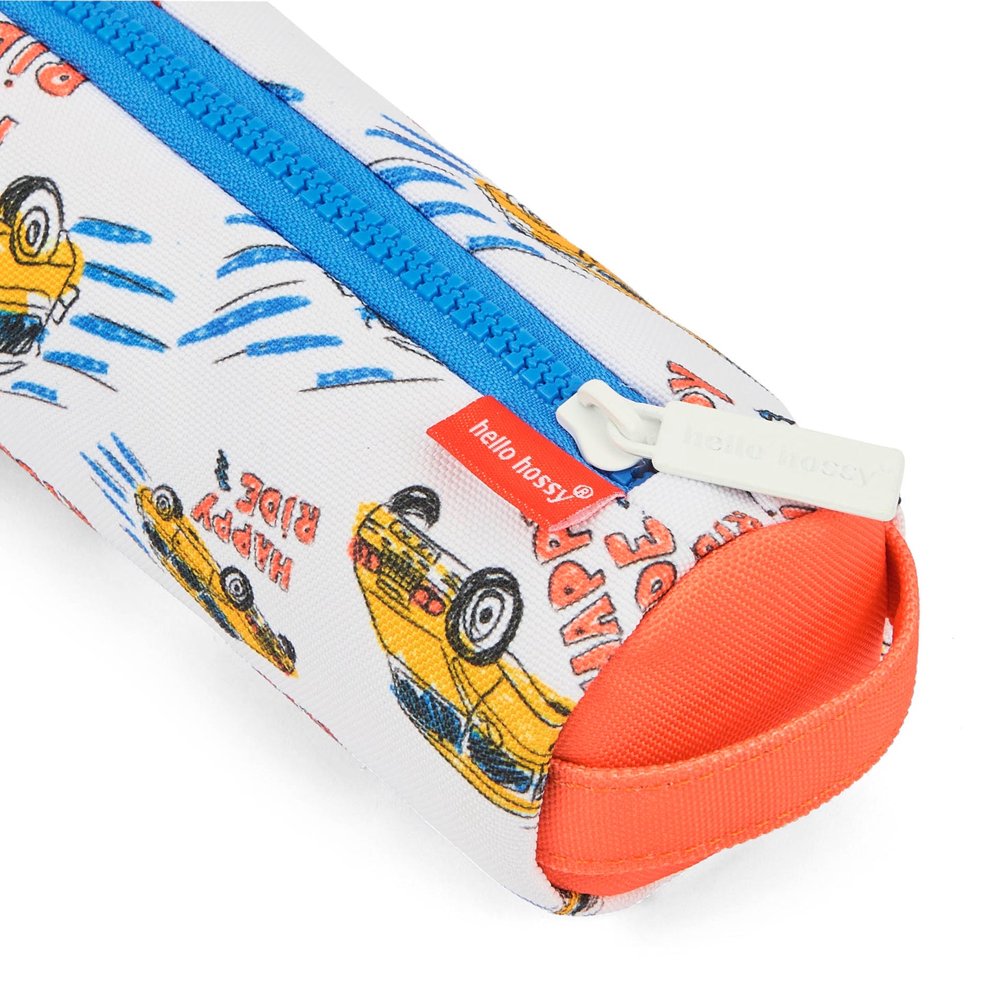 Schooletui kind wit oranje motief auto's Blauwe sluiting Hello Hossy