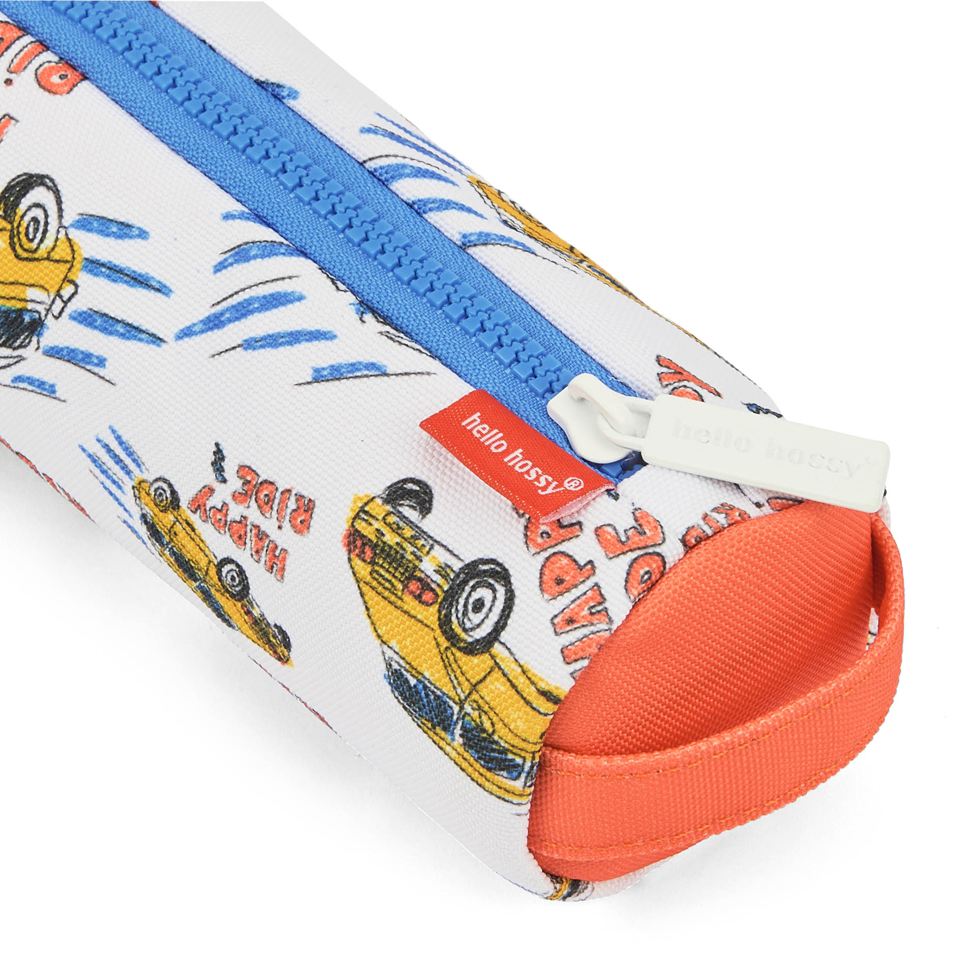 Schooletui kind wit oranje motief auto's Blauwe sluiting Hello Hossy