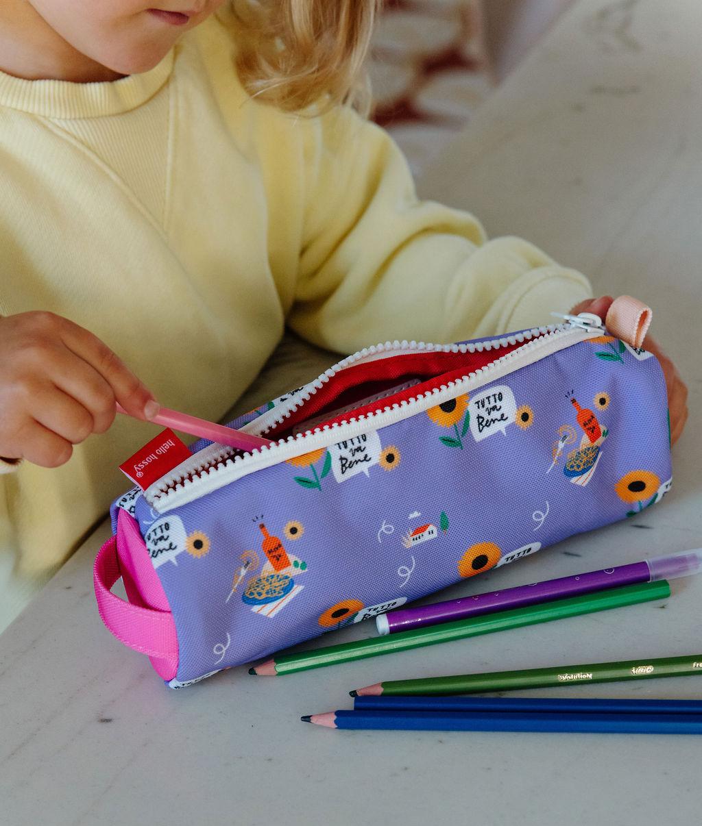 Schooletui kind paars motief bloemen en kleurrijke motieven Hello Hossy