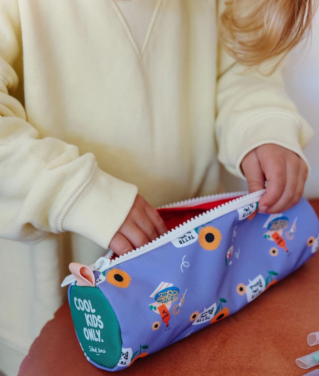 Schooletui kind paars motief bloemen met ritszak Hello Hossy