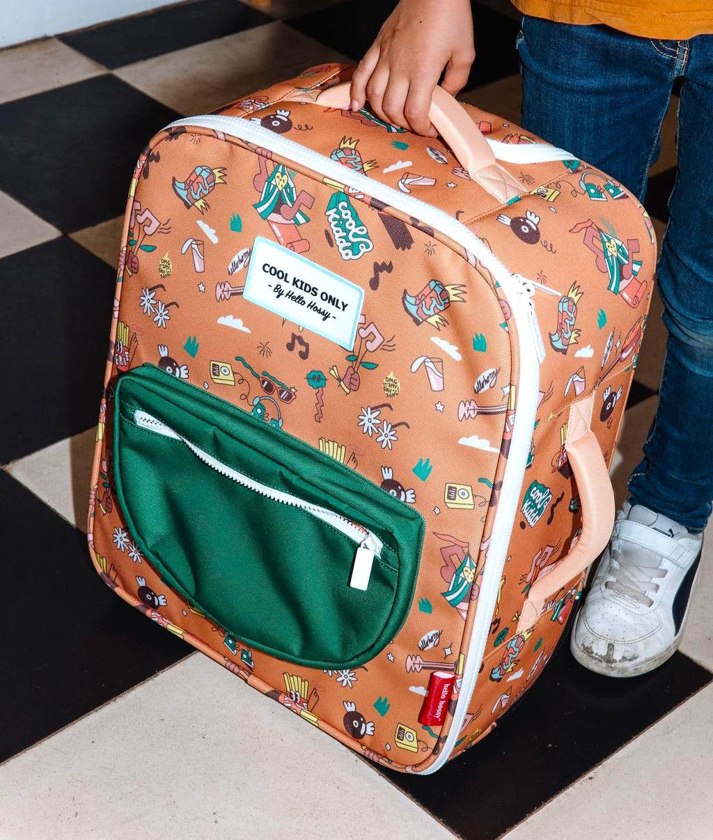 Kindervalies bruin muziekmotieven groene zak Hello Hossy
