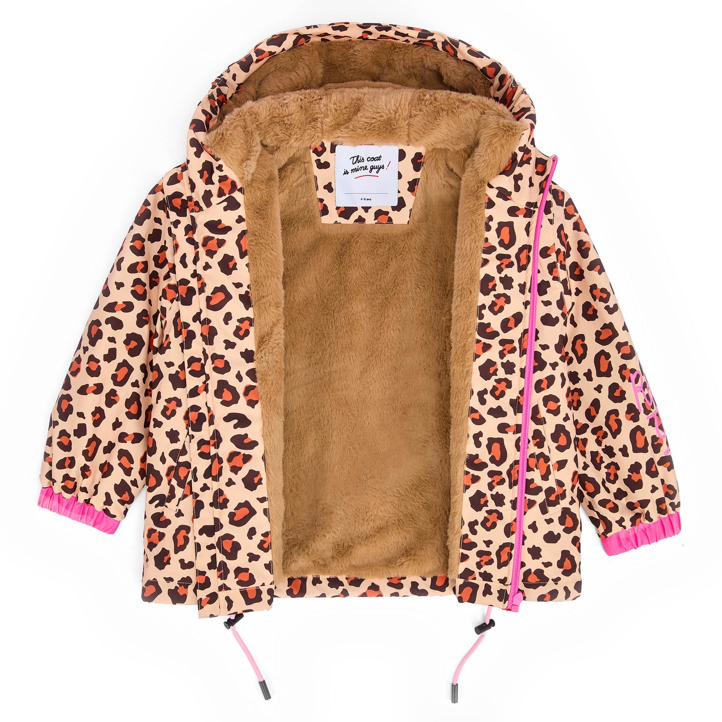 Veste hiver enfant motif léopard marron intérieur fausse fourrure capuche Hello Hossy