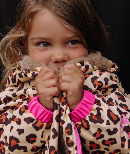 Winterjas kind motief leopard roze fluo voering bont Hello Hossy
