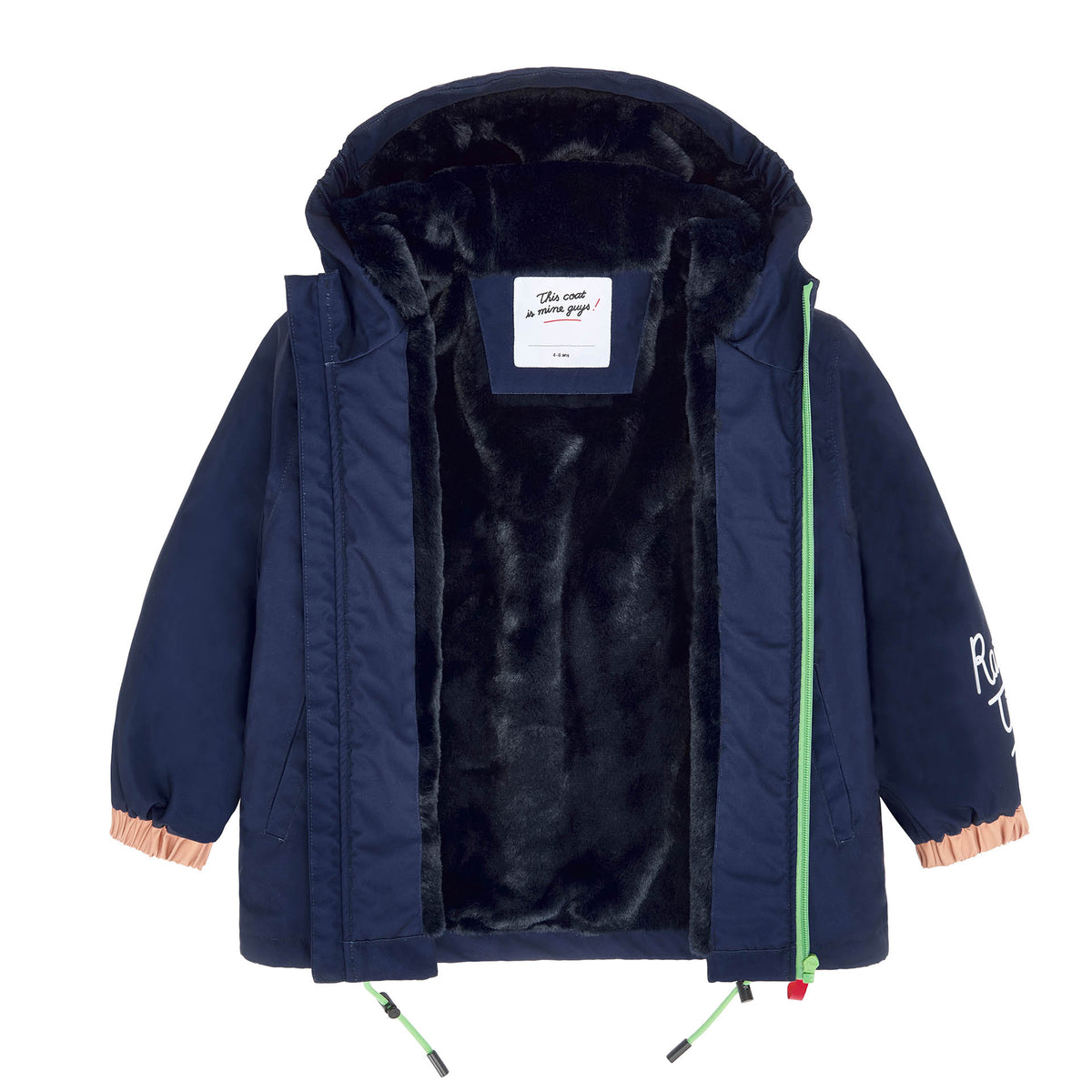 Kinderwinterjas blauw nepbont voering capuchon elastieken mouwen Hello Hossy