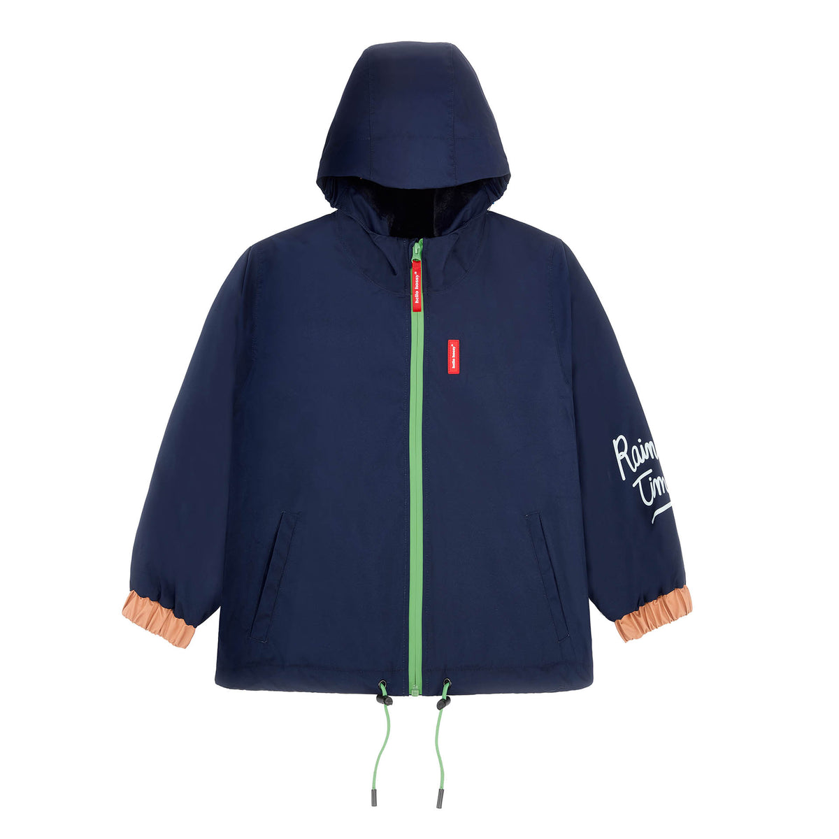 Veste kind marineblauw met capuchon, oranje details en groene rits Hello Hossy