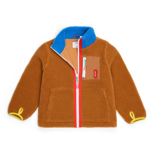 Veste polaire bicolore bleu et camel enfant vue à plat Hello Hossy