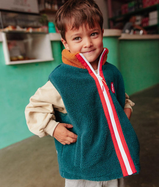 Mouwloze kinder fleecejas blauw bruin gestreepte rits Hello Hossy