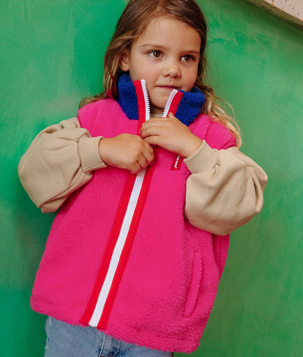 Kinderfleecebodywarmer fuchsia blauwe kraag ritssluit Hello Hossy