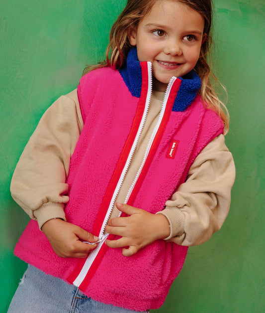 Kinderfleecebodywarmer fuchsia blauwe kraag ritsopening Hello Hossy