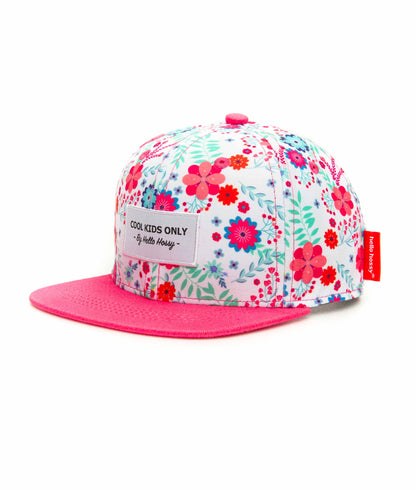 Kindermet wit prints bloemen roze klep borduursel Hello Hossy