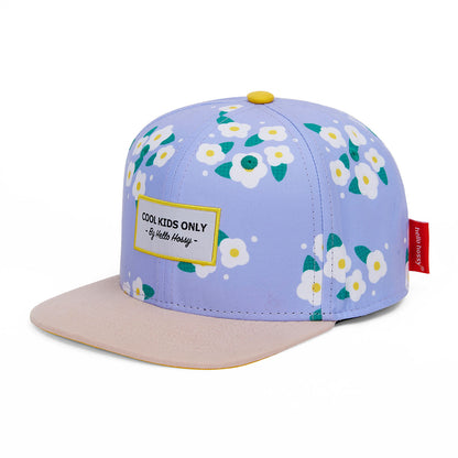 Kinderpet paars bloemenprints vlakke klep beige borduursel Hello Hossy