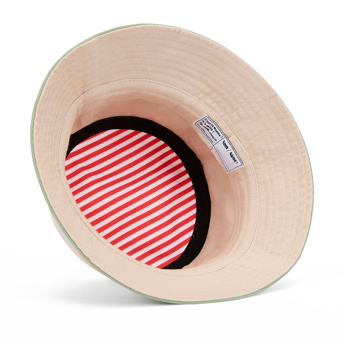 Bob hat kind beige gestreepte binnenkant rood wit Hello Hossy