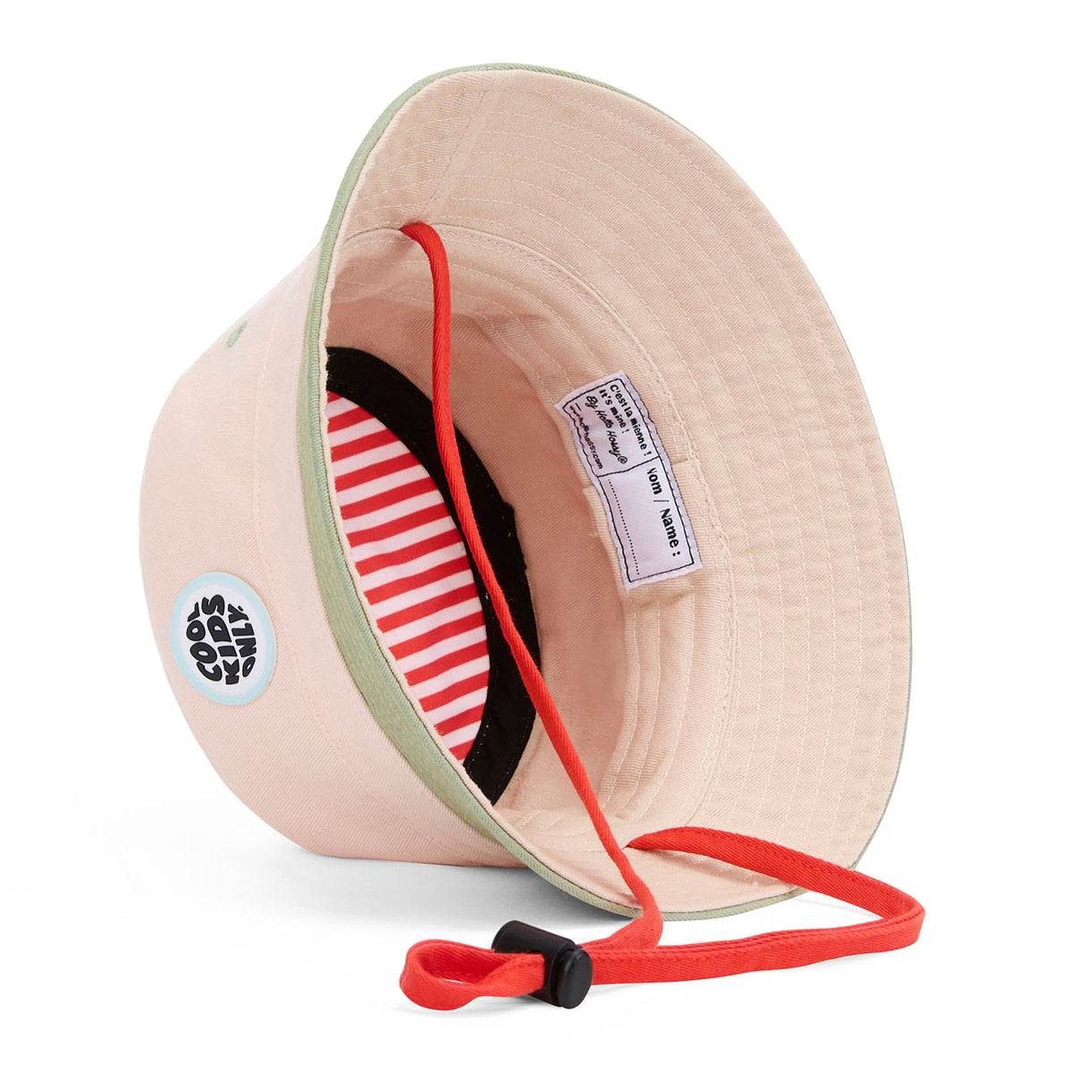 Bob hat kind beige gestreepte binnenkant rood groen verstelbare band Hello Hossy