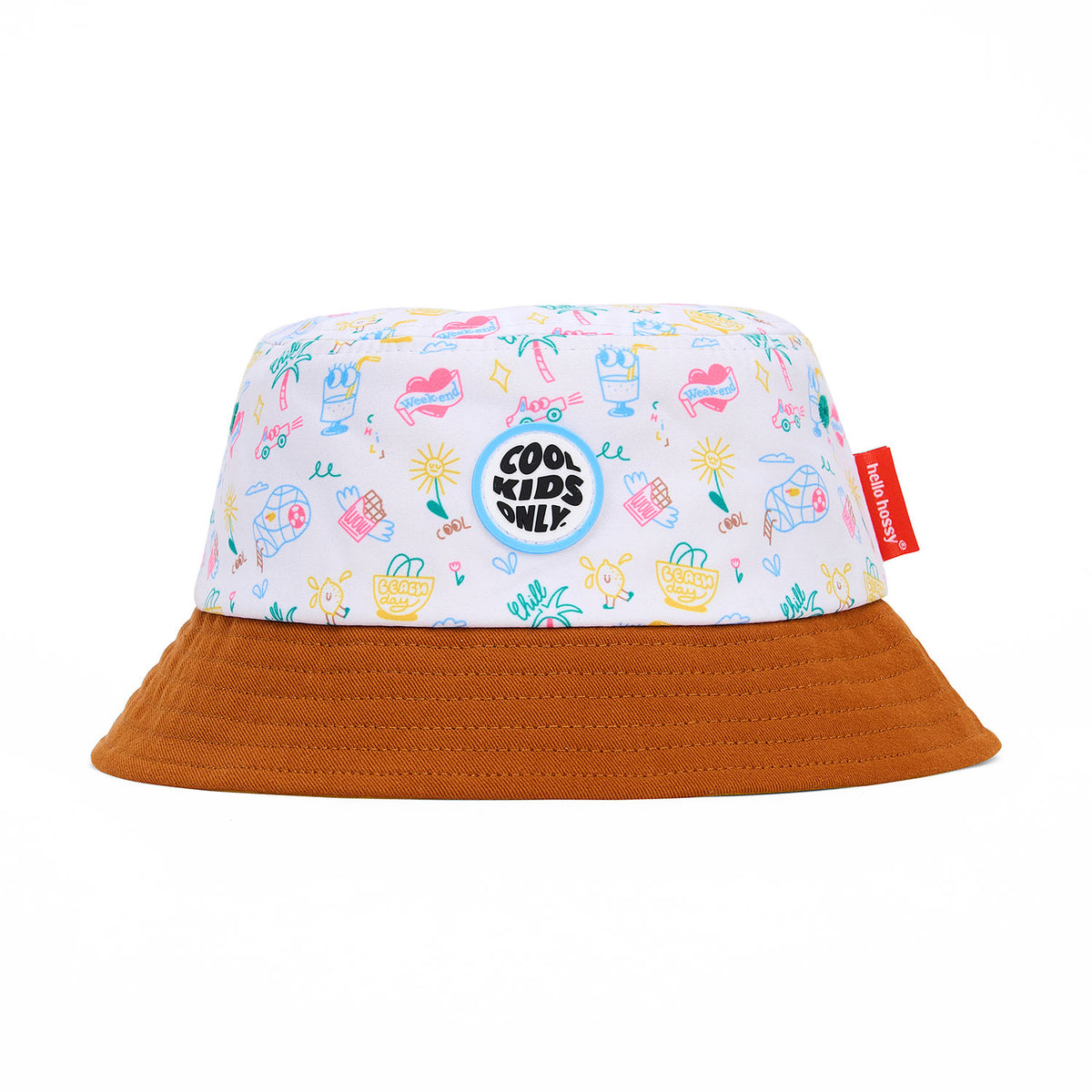 Bob hat kind wit reismotief kleurrijke prints bruine rand Hello Hossy