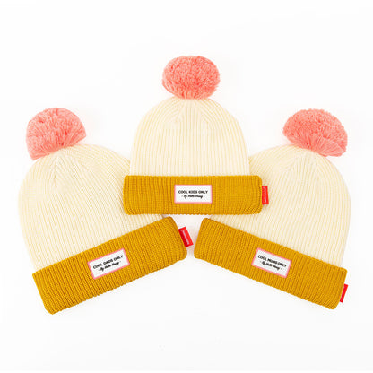 Bonnet Parents-Enfants Color Block Camel, avec pompon, doublure polaire, coton biologique, matchy-matchy, dès 9 mois, Cool Kids Only !